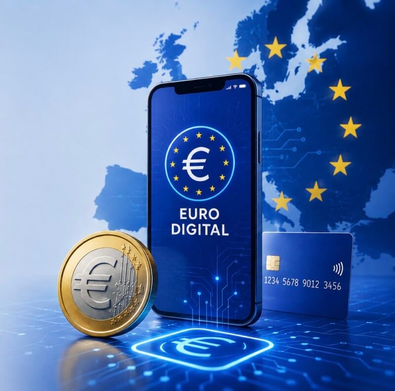 Euro Digital europeo en móvil con pagos digitales y bancos