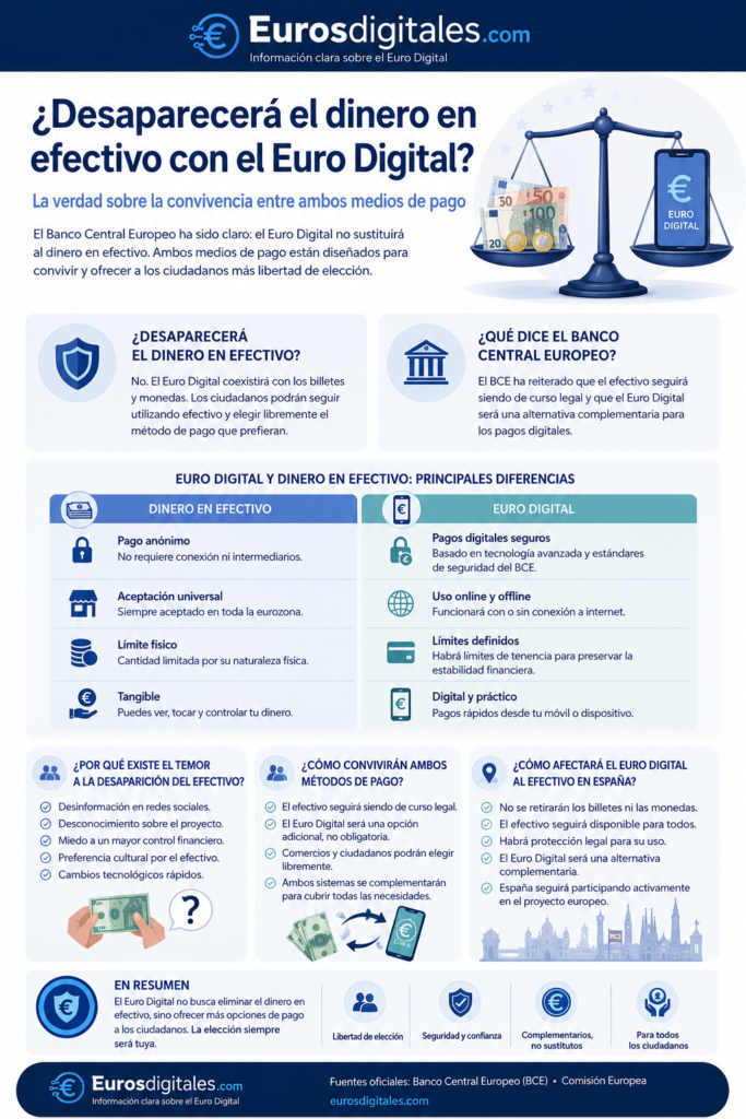 Infografía sobre la convivencia entre el Euro Digital y el dinero en efectivo según el Banco Central Europeo.