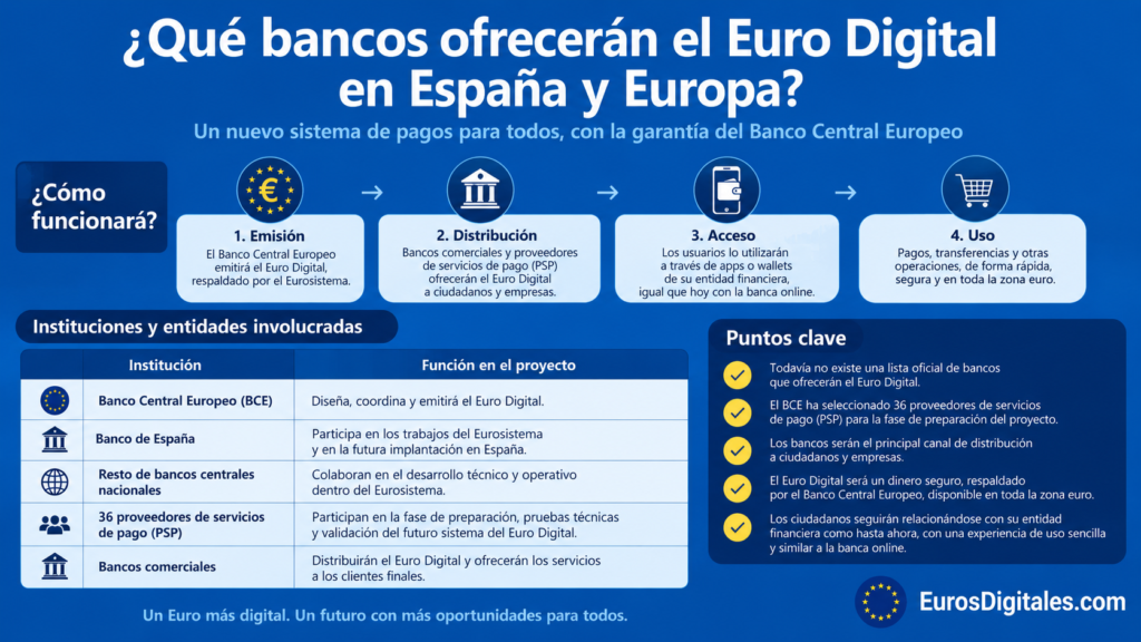 Bancos y el Euro Digital: qué entidades lo ofrecerán en España y Europa Infografía sobre cómo los bancos ofrecerán el Euro Digital en España y Europa y cuál será el papel del Banco Central Europeo y los proveedores de servicios de pago.