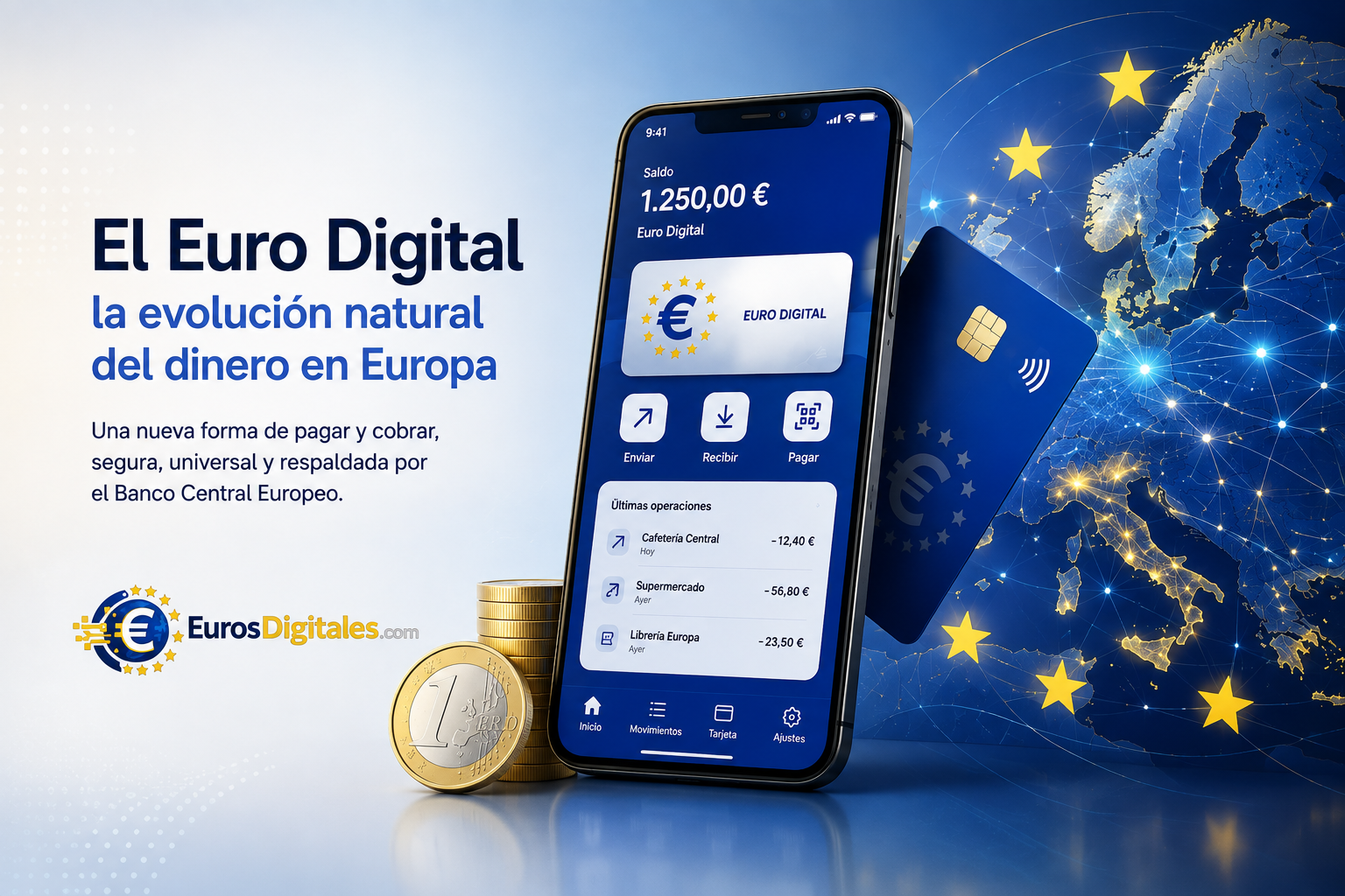 ¿Qué es el Euro Digital? Guía completa: funcionamiento, ventajas y fecha de llegada Ilustración del Euro Digital mostrando una wallet digital, pagos electrónicos y el respaldo del Banco Central Europeo.